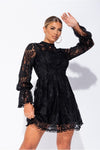 Black Lace High Neck Balloon Sleeve Mini Dress Walking closet shop 