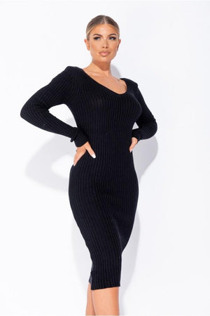Black V Neck Long Sleeve Knitted Midi Dress Walking closet shop 