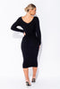 Black V Neck Long Sleeve Knitted Midi Dress Walking closet shop 
